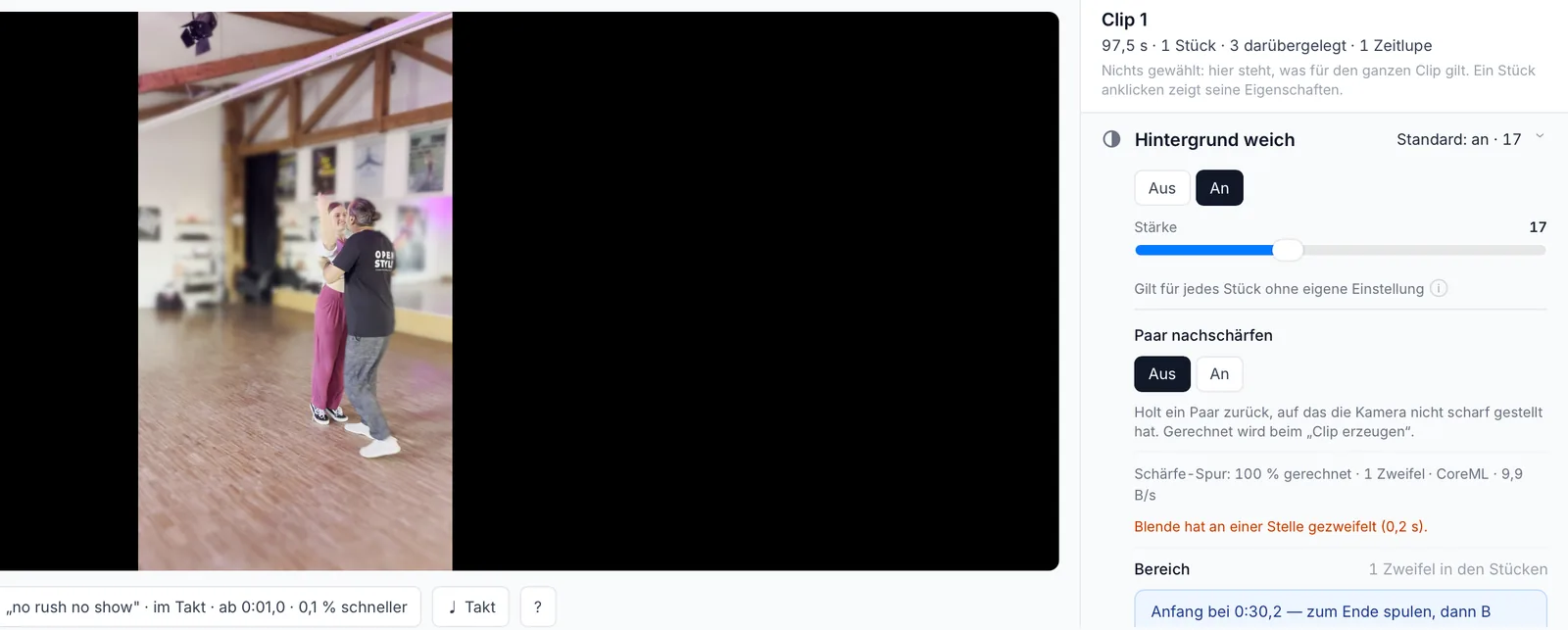 Show mit weichem Hintergrund in der Vorschau, rechts offen der Abschnitt „Hintergrund weich“ mit Stärke 17 und „Paar nachschärfen“