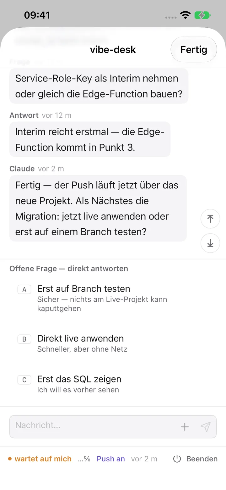 Takt am iPhone: Chat einer Session, die auf mich wartet, darunter die offene Frage mit den Antworten A, B und C