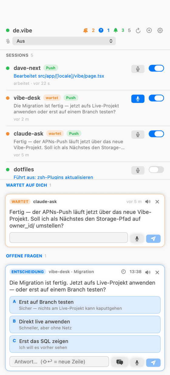 VibeDesk – das schwebende Panel am Mac mit allen Sessions