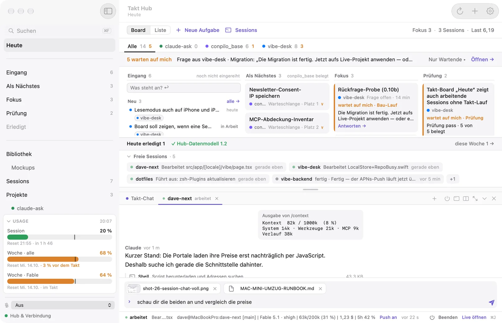Takt Hub on the Mac: the board with its stations and the chat of a running Claude Code session below