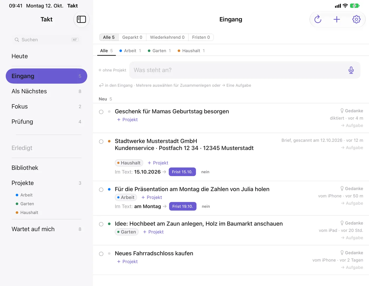 Takt on iPad: the stations and projects on the left, the Inbox with new entries on the right