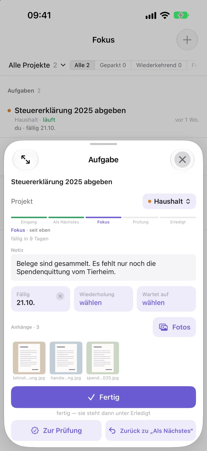 Takt on iPhone: a task in Focus with due date, note and three attached photos