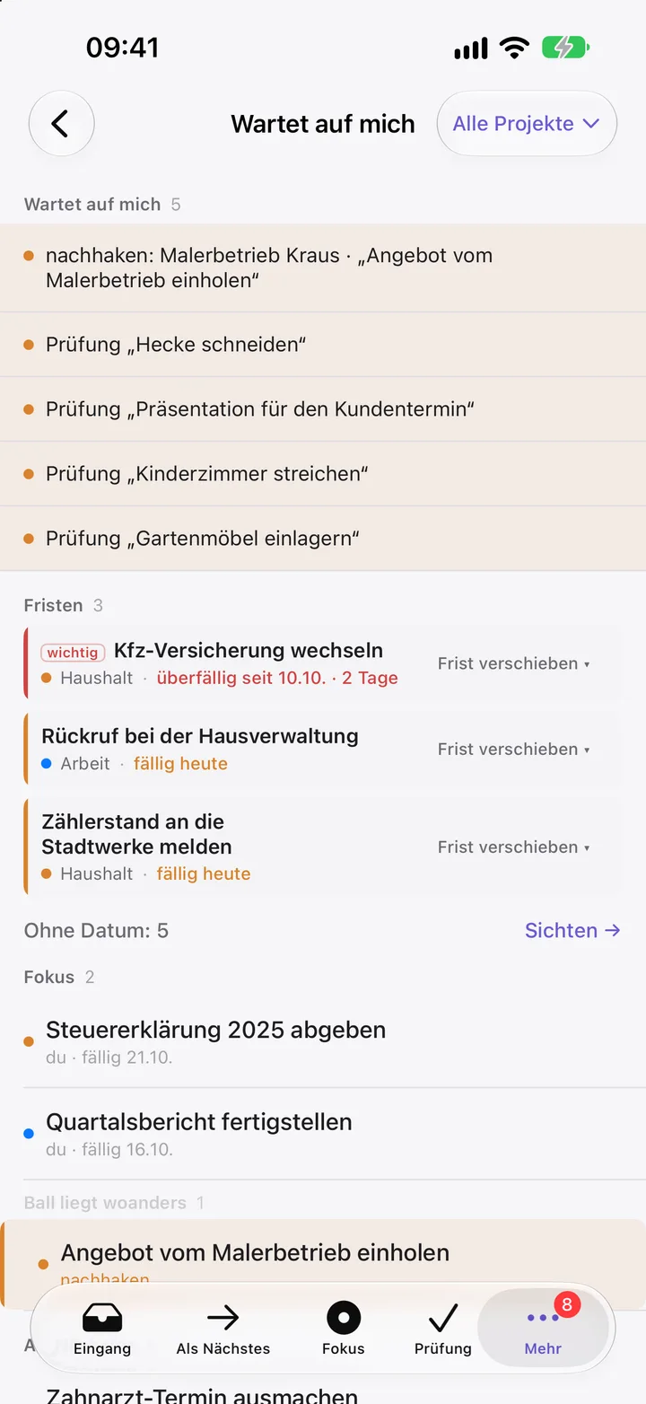Takt on iPhone: Waiting on me with due dates, one of them overdue
