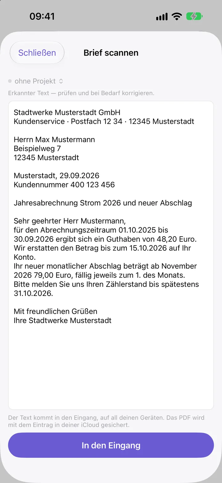 Takt on iPhone: scanning a letter, with the recognized text of an electricity bill